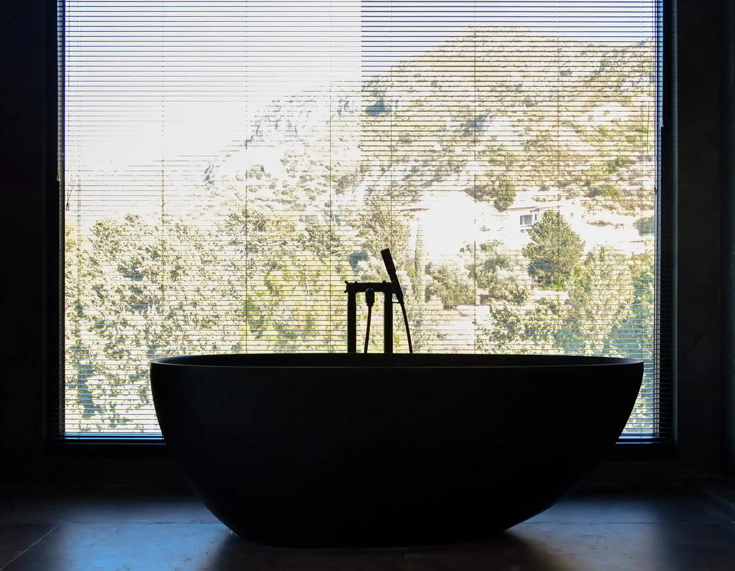 DT House bathroom visualization with a freestanding tub and framed landscape view