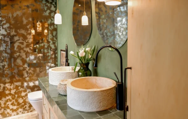 bathroom interior natural boho style construction cali