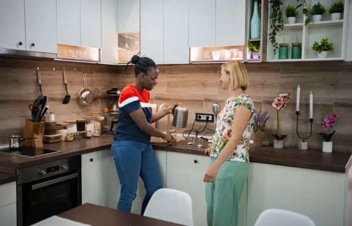 cooking chatting cozy kitchen during afte construction cali