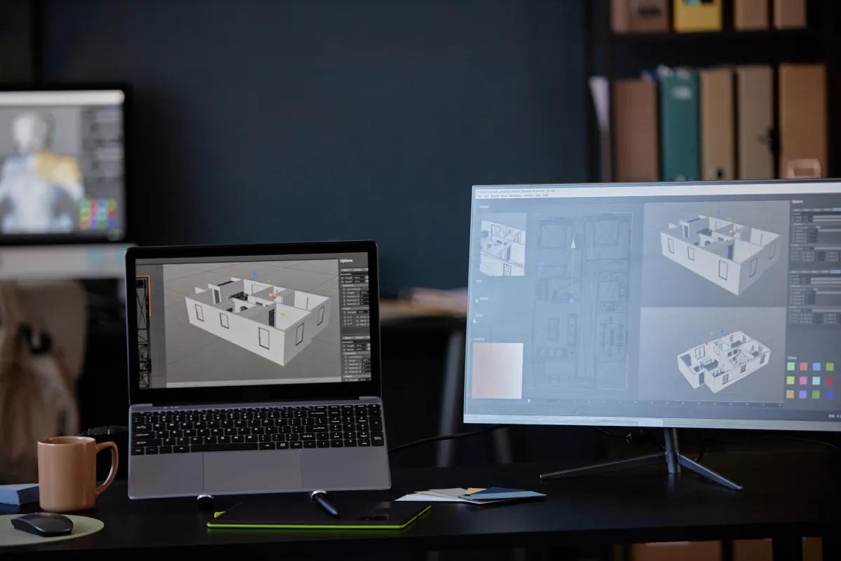 3d visualization design confidence displaying 3d architectural renderings dual mon