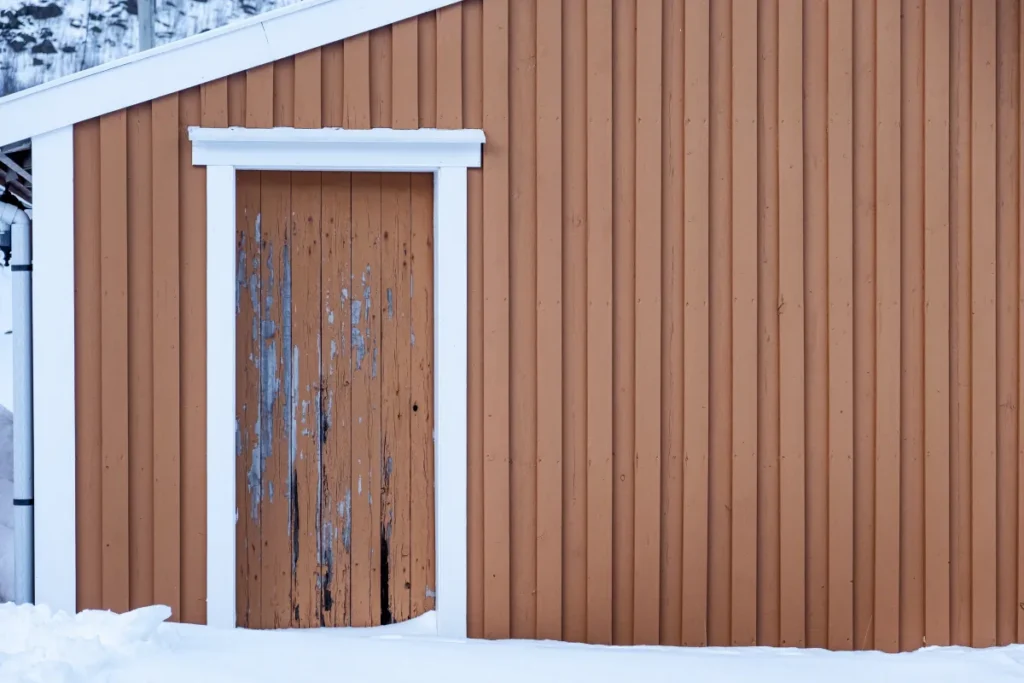 board batten siding weathered yellow wooden wall decay door