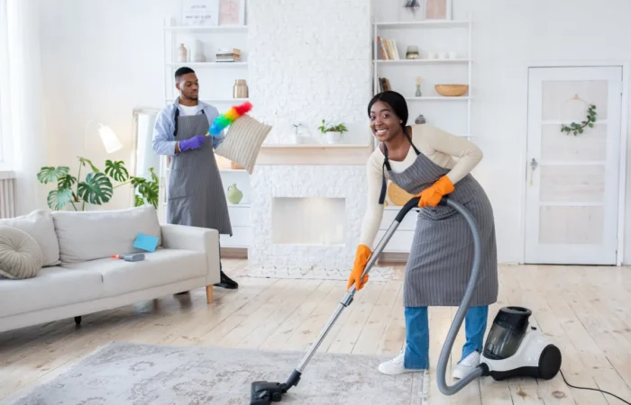 clean jobsite home protection happy black woman vacuuming floor while her boyfri