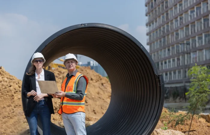 commercial two construction professionals discuss site plans construction cali