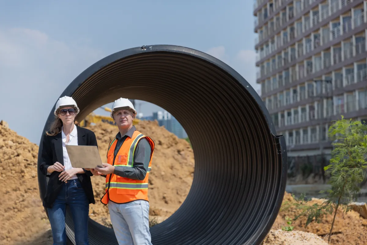 commercial two construction professionals discuss site plans construction cali