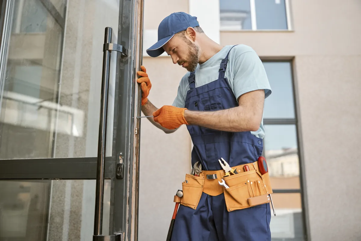 Door installer adjusting an existing frame and hardware