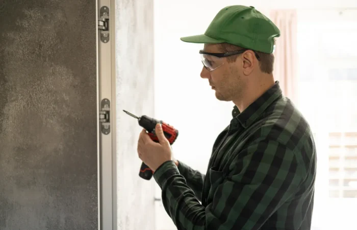 door installation side view of a good looking man working as handyma