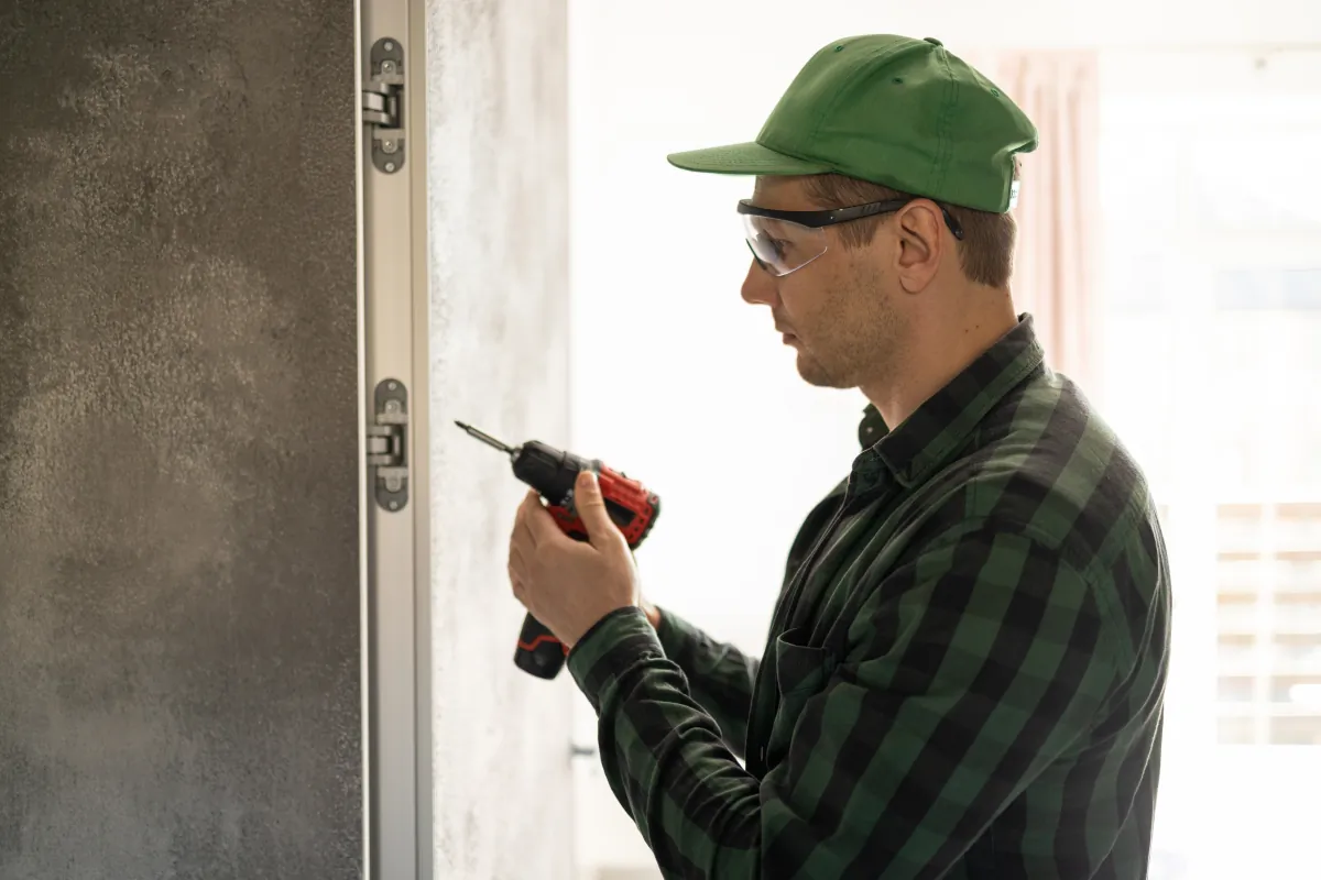 door installation side view of a good looking man working as handyma