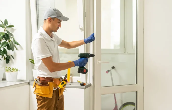 door installation using drill by installing windows repairman is wo