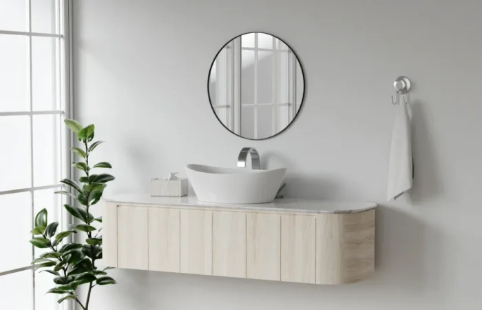 floating vanity contemporary bathroom with round mirror and stylis