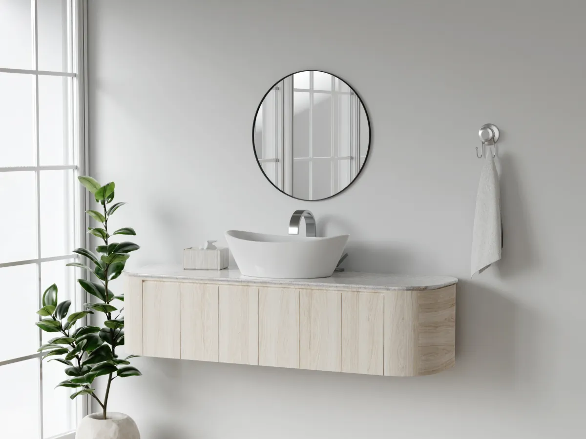 floating vanity contemporary bathroom with round mirror and stylis