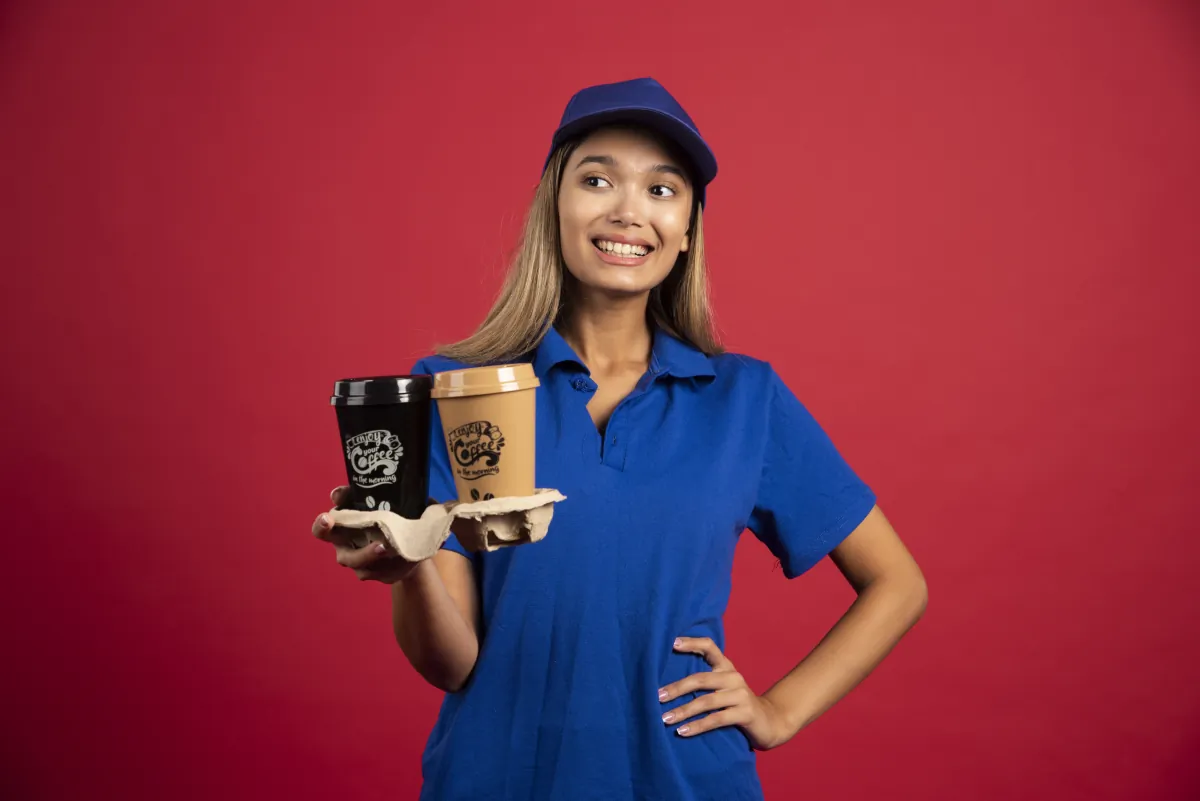 franchise build outs young woman blue uniform giving carton two