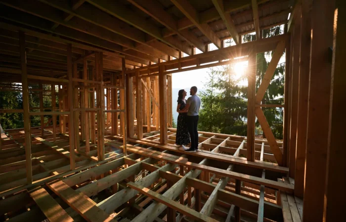 home additions man and woman inspecting their future wooden frame