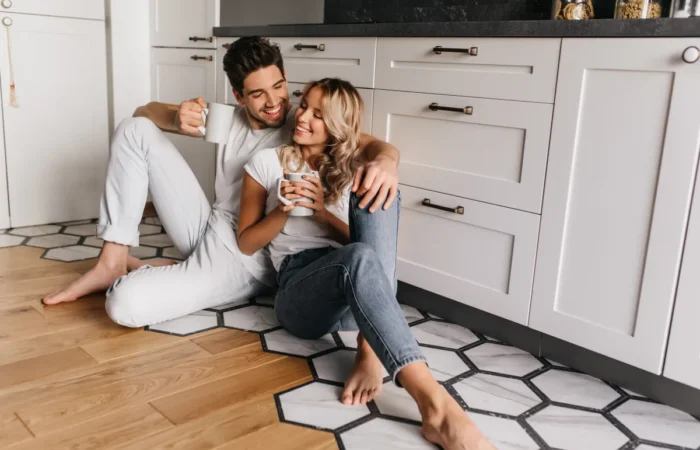 kitchen flooring adorable girl enjoying breakfast with boyfriend l