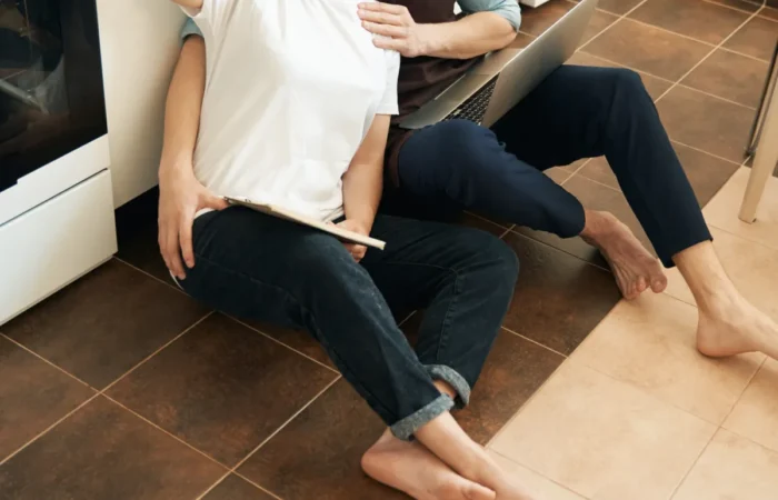 kitchen flooring funny young couple taking photos with smartphone