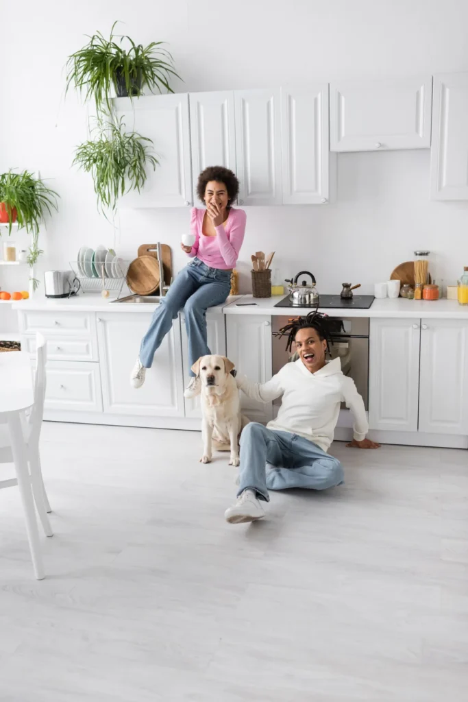 kitchen flooring positive african american couple looking at camera
