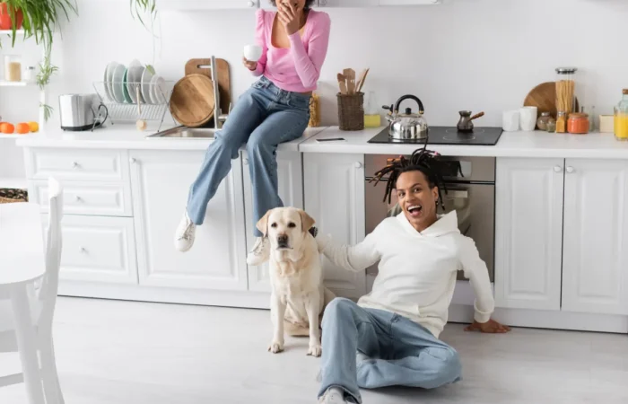 kitchen flooring positive african american couple looking at camera
