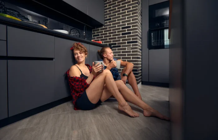 kitchen flooring young couple in love celebrating a new home in a