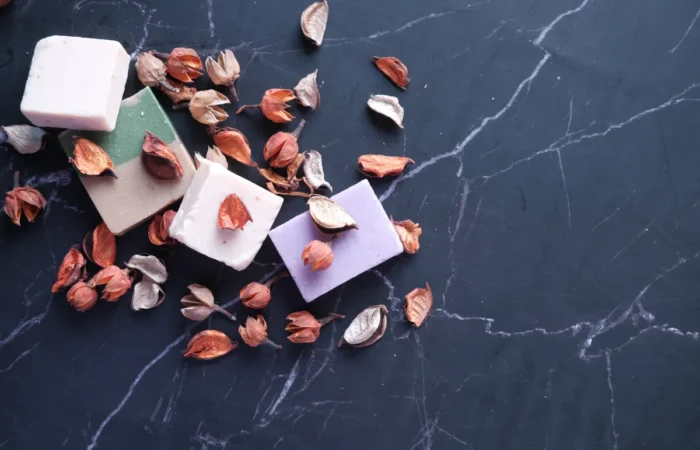 marble counter homemade natural soap bar dry flower black