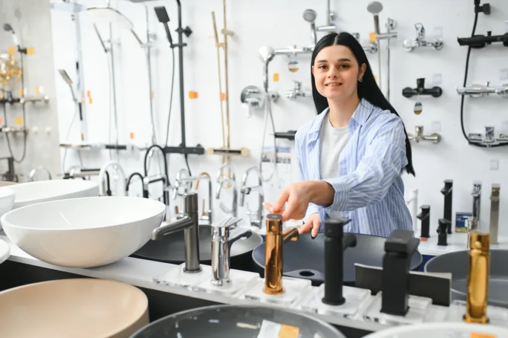 pluming woman choosing a shower head in a hardware store