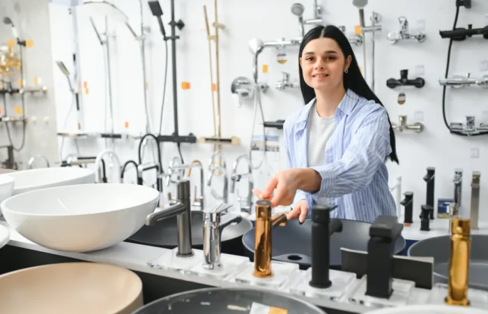 pluming woman choosing a shower head in a hardware store