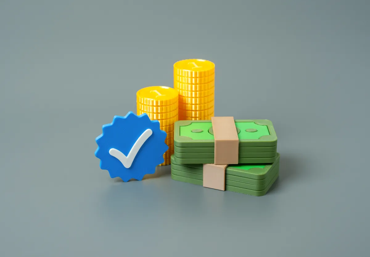 premium materials fair value money blue verification checkmark clean money