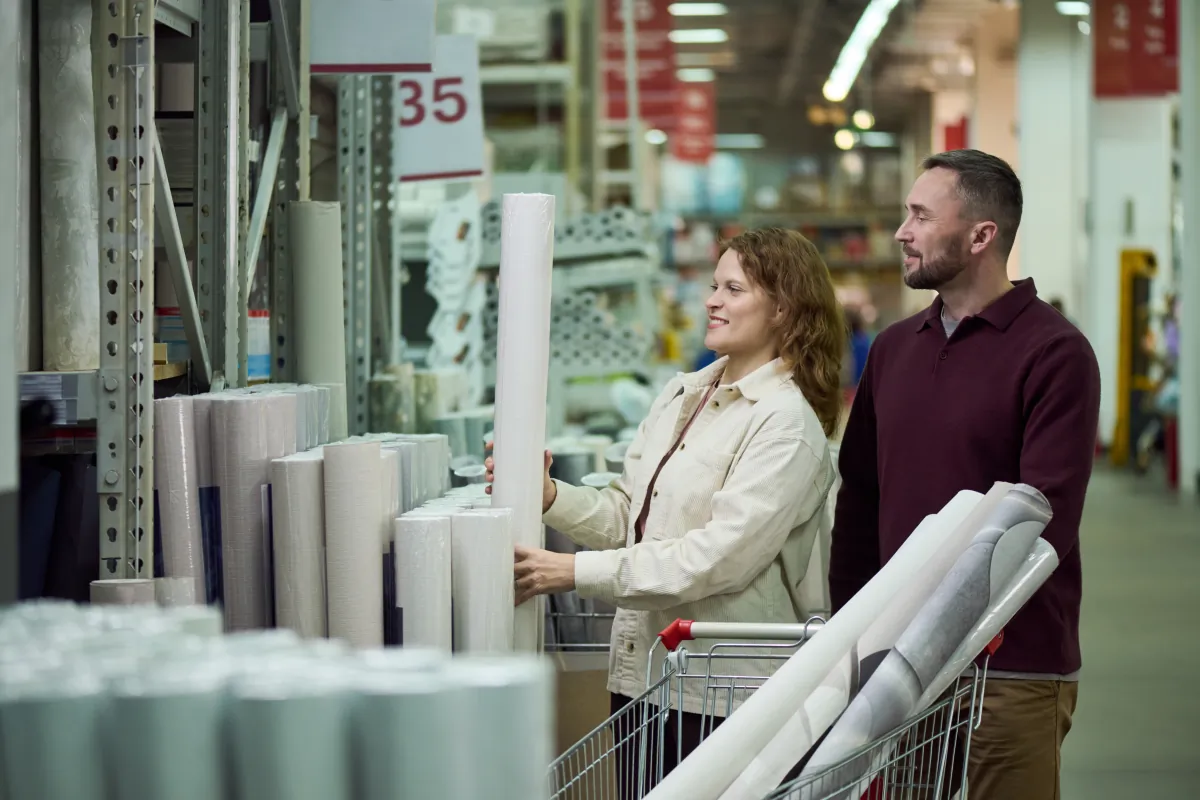 premium materials value young woman and man shopping for wallpaper in home