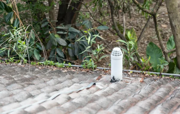 roof exhaust vent clogged roof rain gutter full dry leaf plan