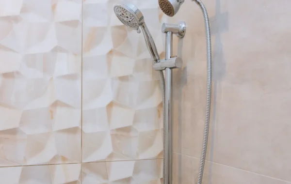 shower remodel bathroom close up wall new shower head in the ele