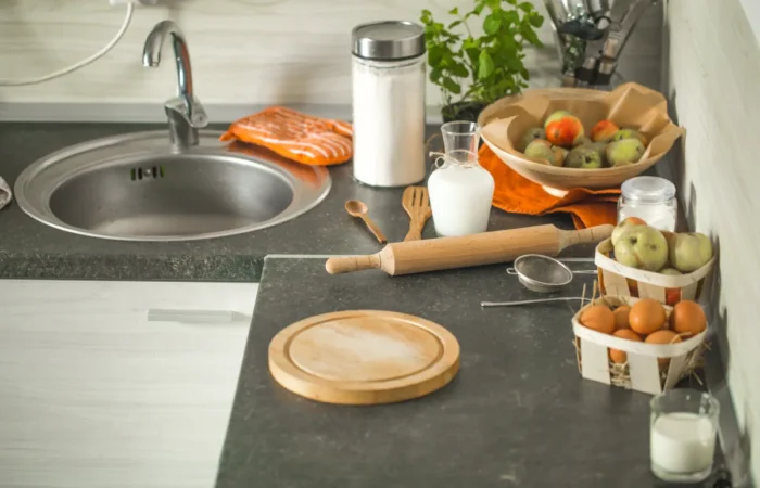 soapstone countertops baking ingredients kitchen table top view