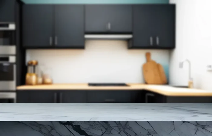 soapstone countertops empty marble top table blurred kitchen interi