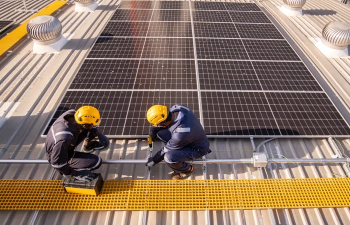 solar panel engineers walking on roof inspect and check solar