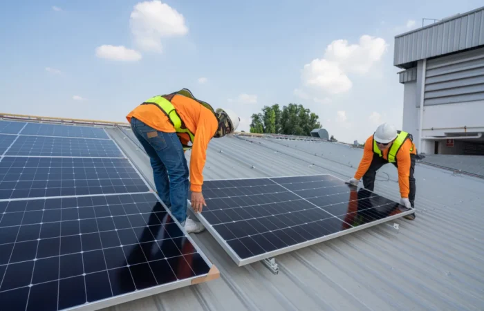 solar panel men technicians carrying photovoltaic solar moduls