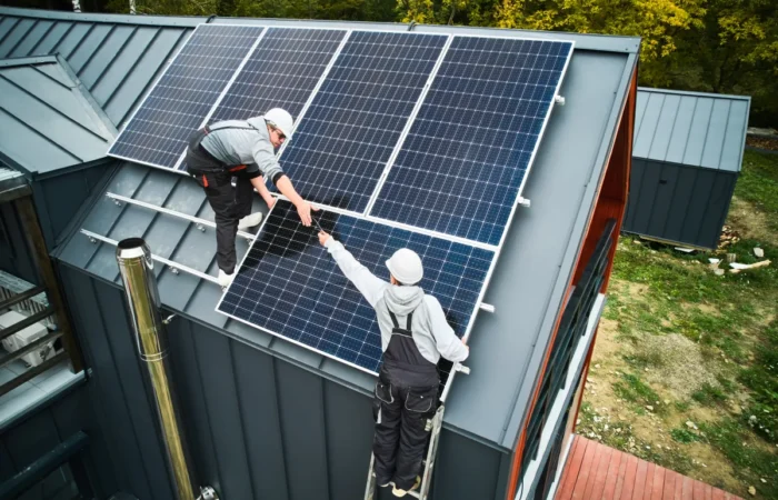 solar panel men workers installing solar panels on roof of hou