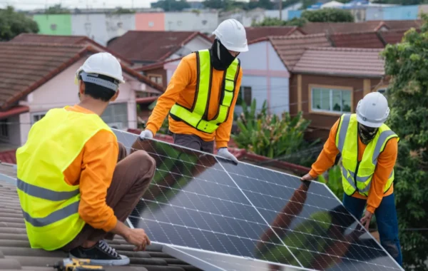 solar panel service engineer installing solar cell on the roof