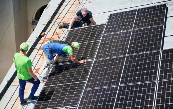 solar panel workers building solar panel system on roof of hou