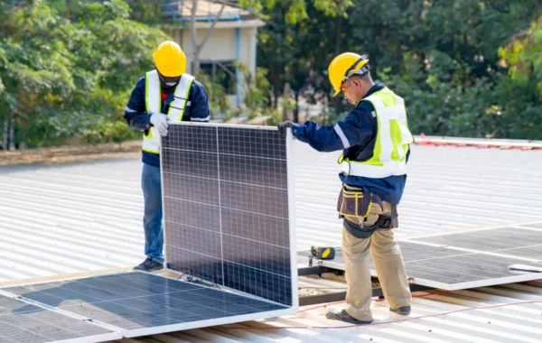 solar panel workers installing solar panels for efficient ene