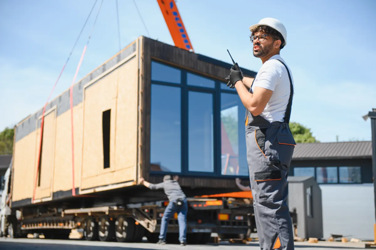 turnkey design build delivery construction worker supervising loading modular