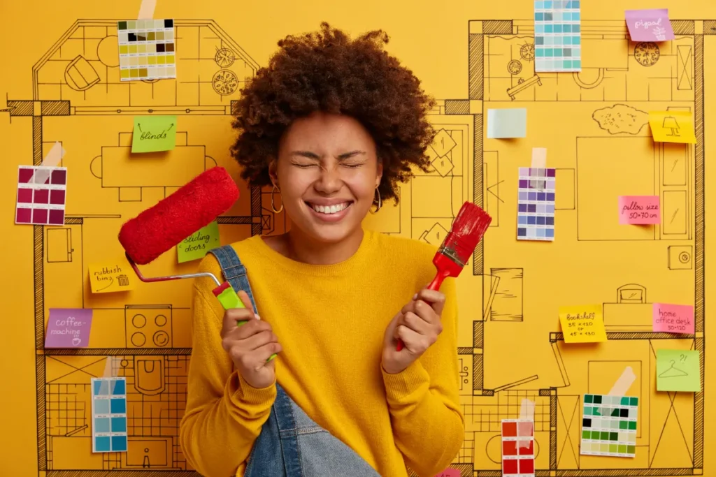 warranty post project support image cheerful curly haired woman holds paint b