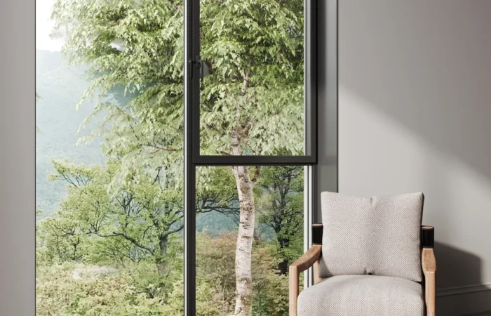 window living room interior mockup with beige armchair c