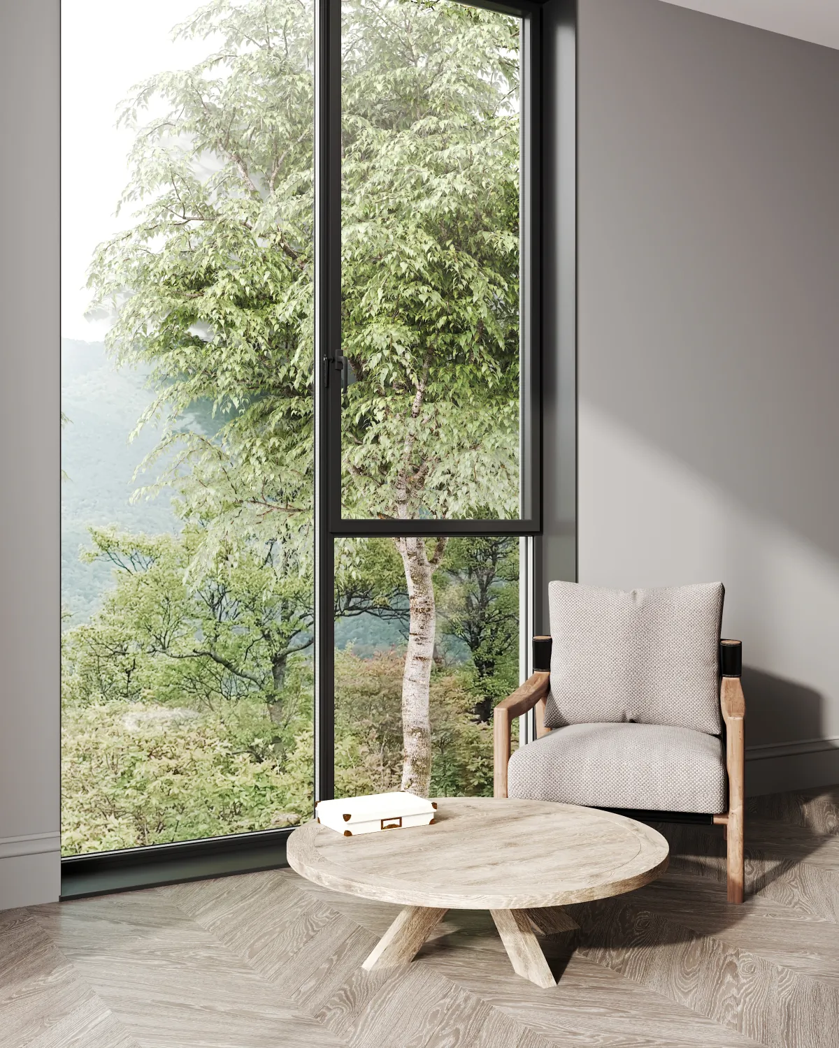 window living room interior mockup with beige armchair c