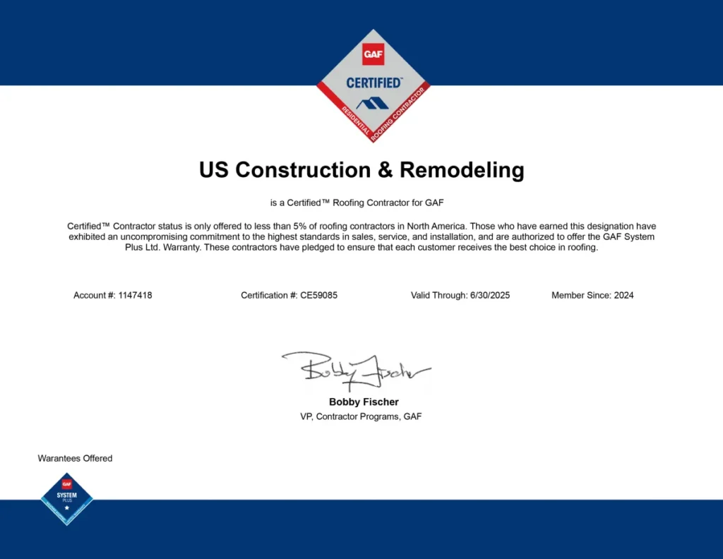 GAF Certified roofing contractor credential for US Construction Remodeling