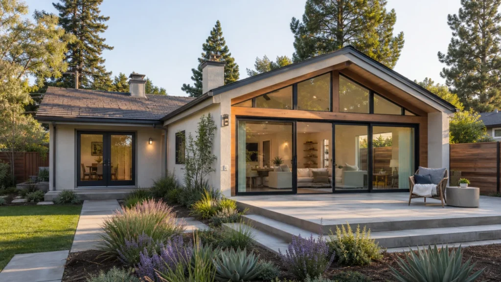Completed rear home addition with large windows and patio in Sacramento, California