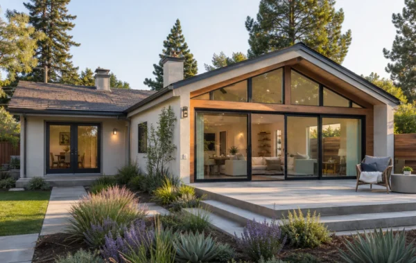 Completed rear home addition with large windows and patio in Sacramento, California