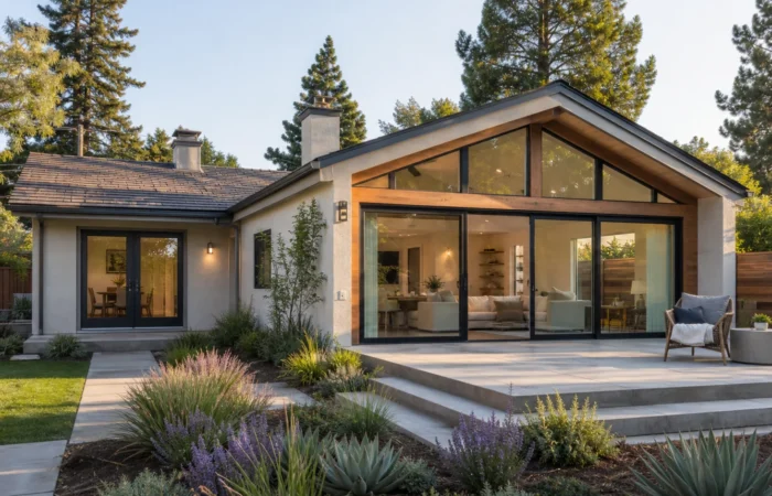 Completed rear home addition with large windows and patio in Sacramento, California