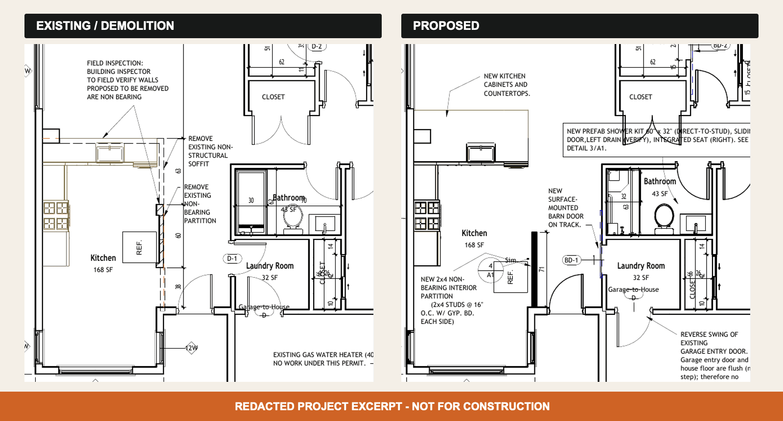 Privacy-safe cropped project-plan excerpt comparing the kitchen, bathroom, and laundry areas before and after a Roseville remodel.