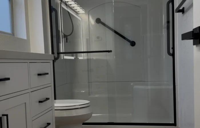 Completed Roseville bathroom remodel with new vanity, tile and fixtures