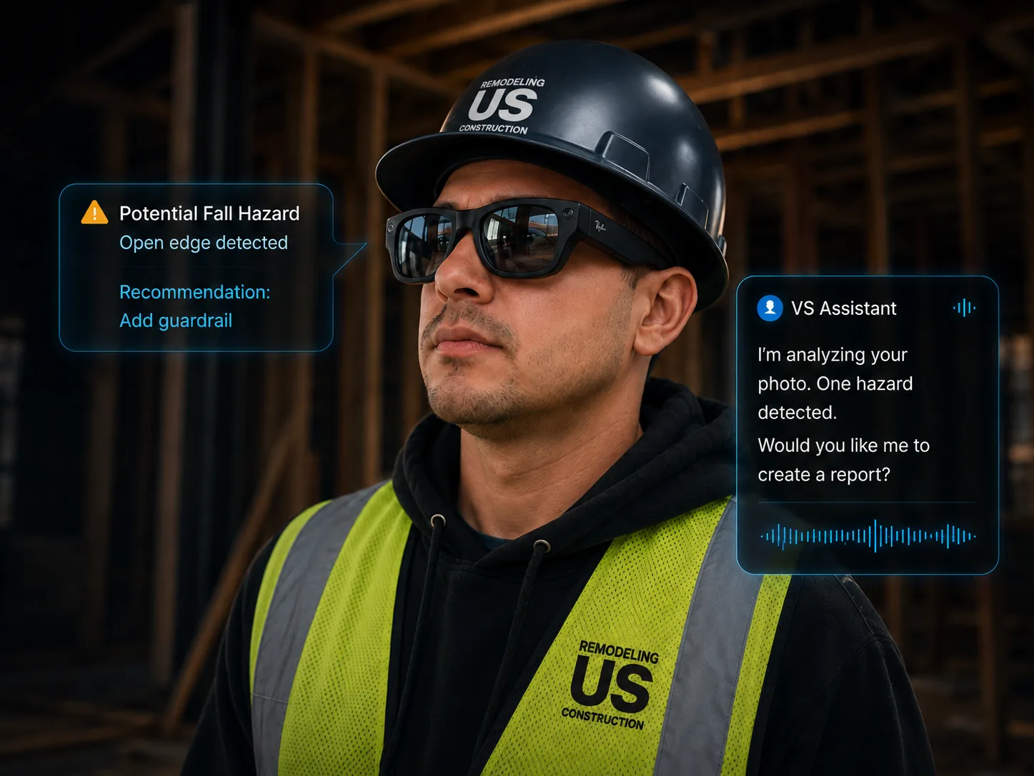 Concept visualization of a USC worker using smart glasses while the VS Assistant flags a potential fall hazard for human review