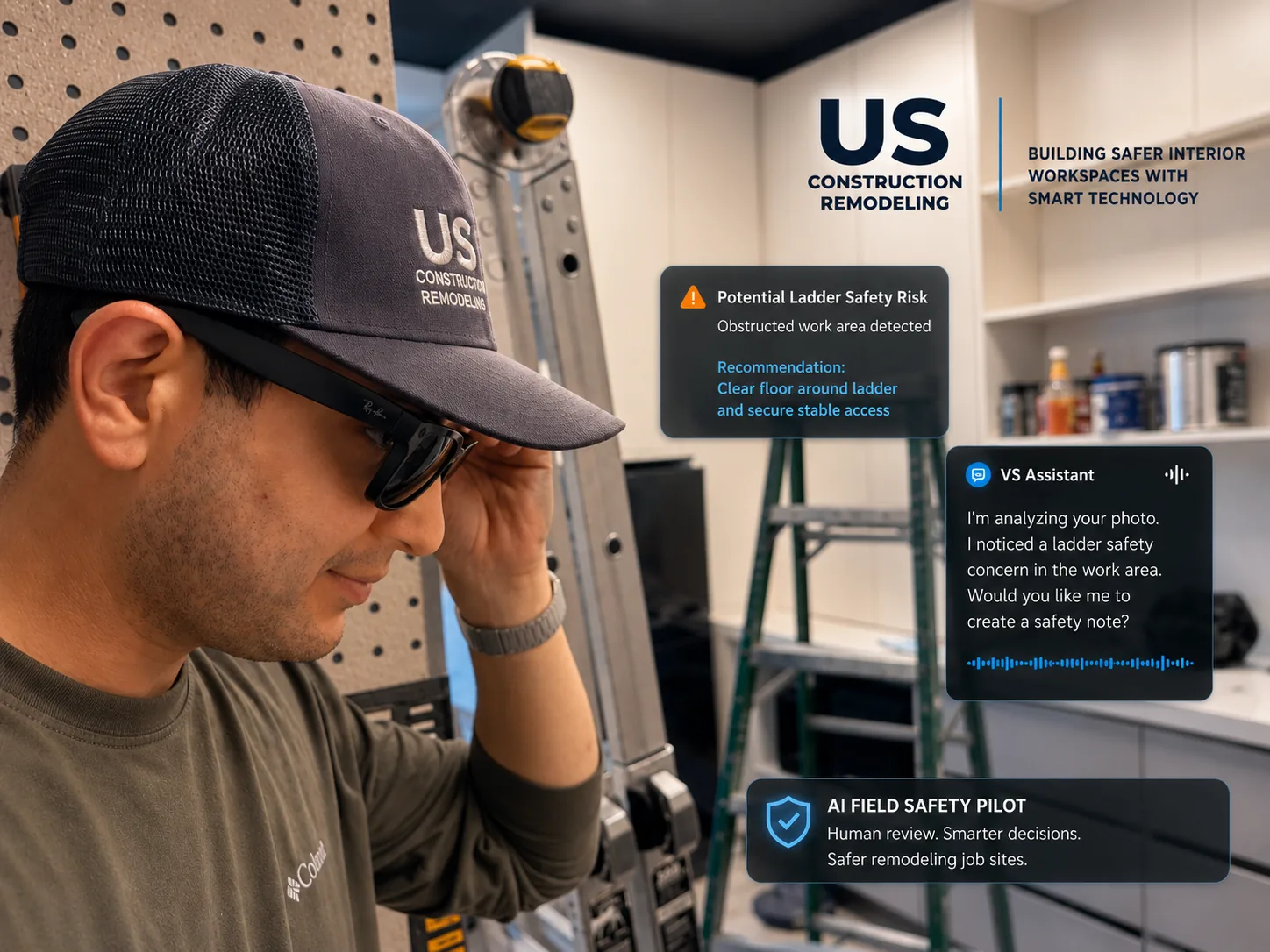 Concept visualization of a USC worker using smart glasses while the VS Assistant flags a potential ladder safety concern