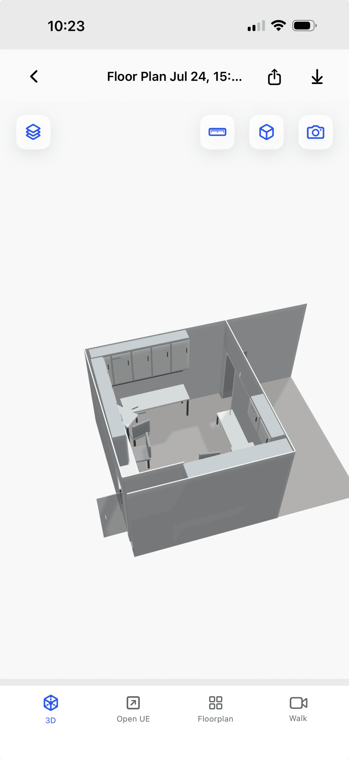 USC PlaceAnew mobile research interface displaying a generated three-dimensional room model after a device scan.
