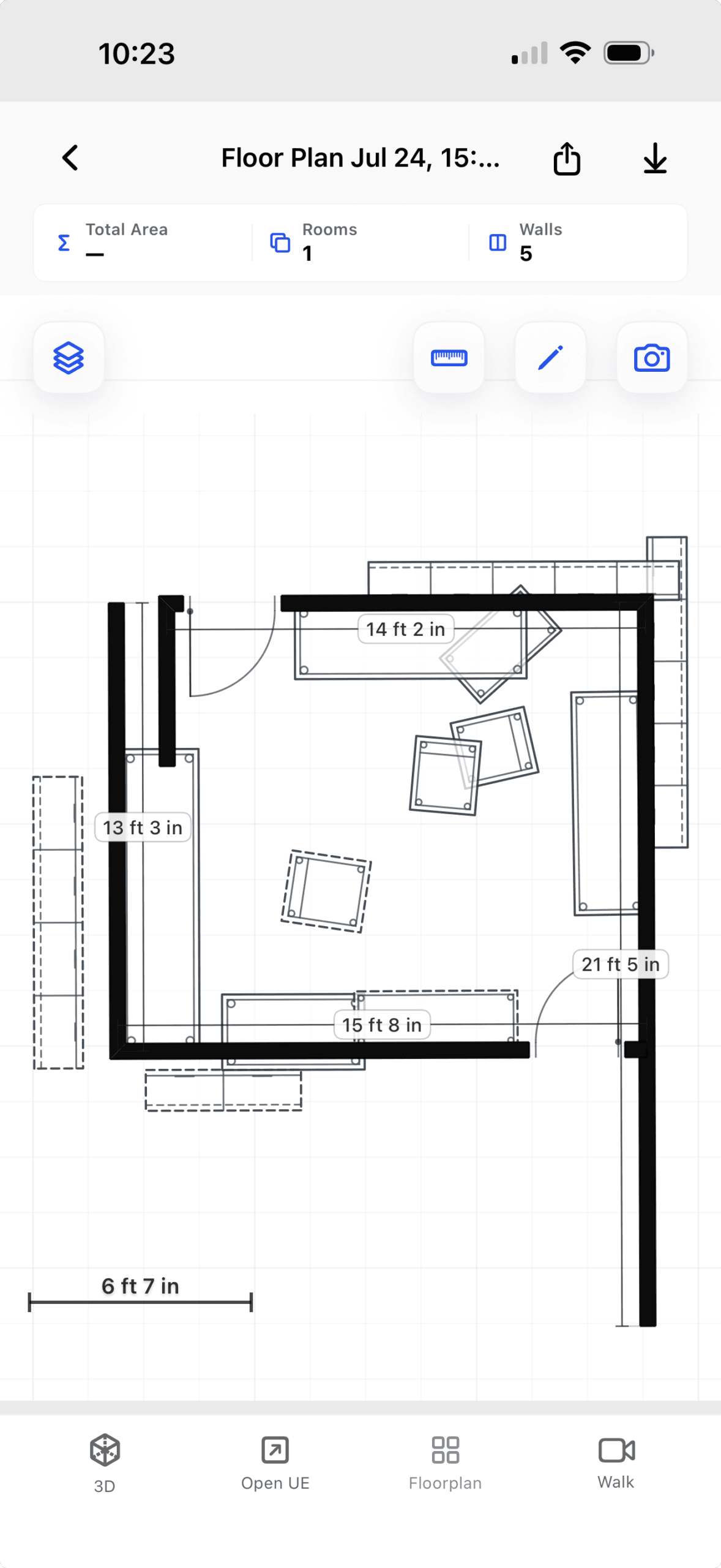USC PlaceAnew mobile research interface displaying a dimensioned two-dimensional floor plan generated from a room scan.